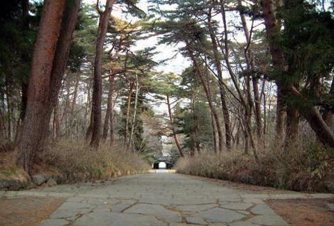 石段の上から見た惣門